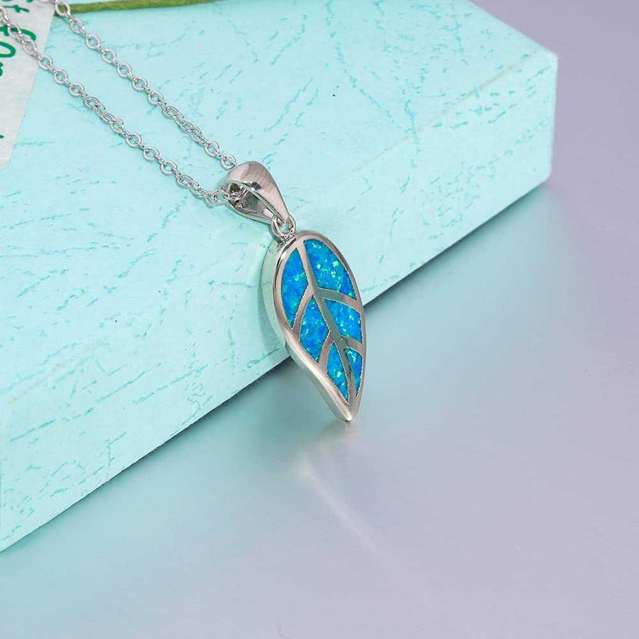 Women's Silver Plated Opal Leaf Pendant Necklace With Cable Chain