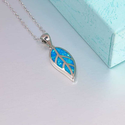 Women's Silver Plated Opal Leaf Pendant Necklace With Cable Chain