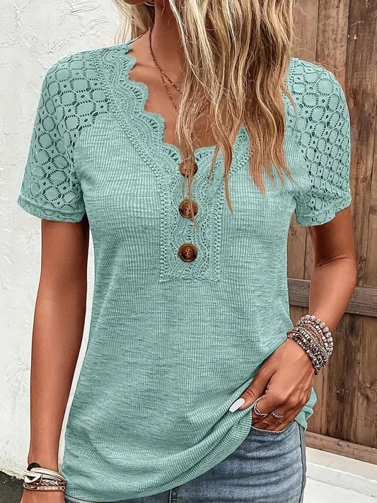 Contrast Lace Ribbed V Neck T-Shirt Button Front Short Sleeve Top